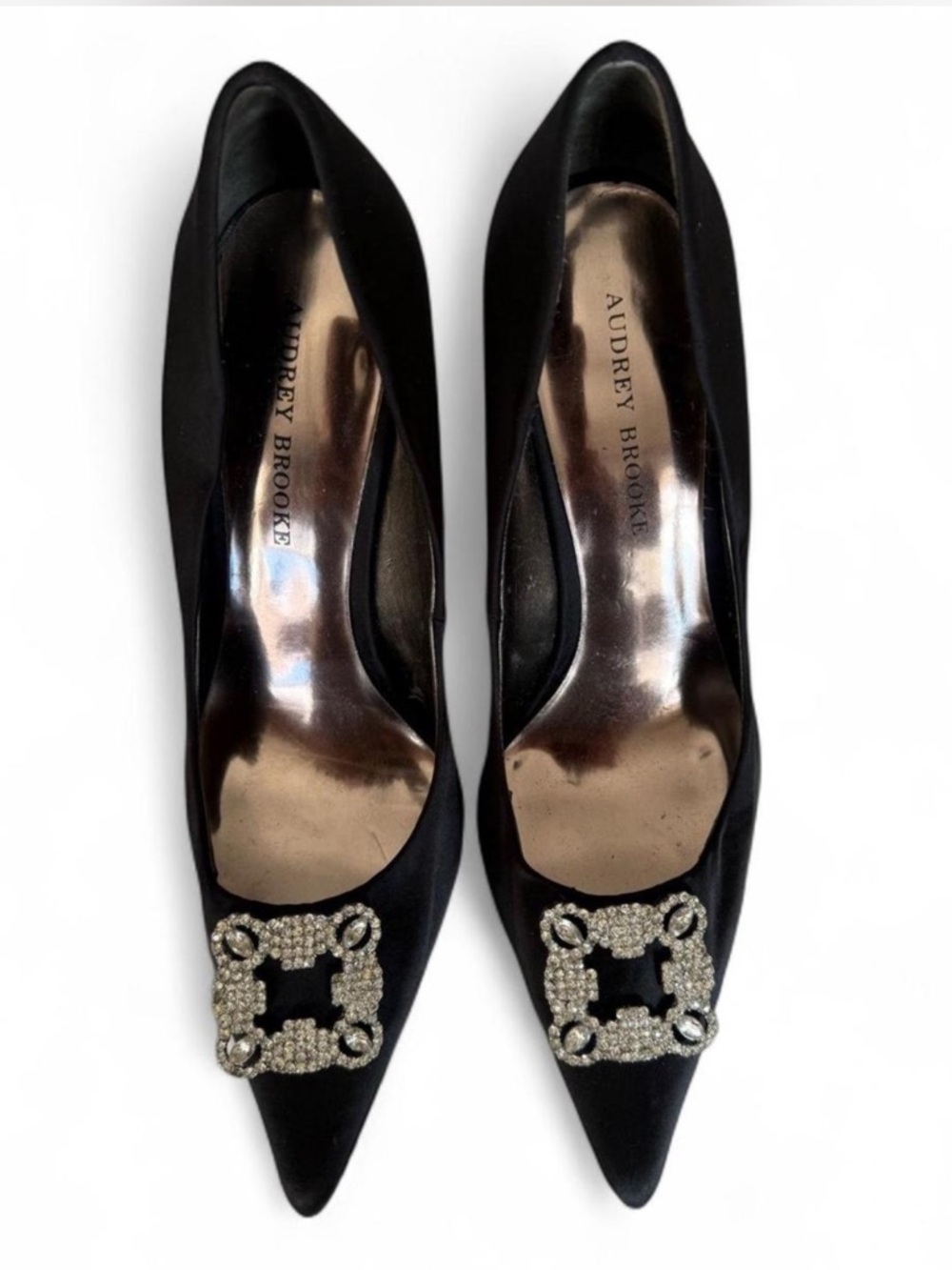 Audrey Brooke Black Pointed Satin Pumps with Crystal Square Buckle